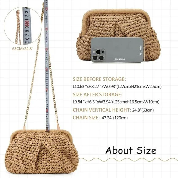 Straw Clutch Purse for Women Cloud Dumpling Pouch Straw Crossbody Shoulder Handb - Picture 5 of 6